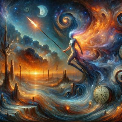 The primary subject of the image is a woman, who is depicted as a celestial being, flying through the sky. She is holding a staff in her hand, and there is a clock in the background. The setting appears to be a nighttime scene with a moon visible in the sky. The visual style of the image is a combination of digital art and illustration, creating a surreal and dreamlike atmosphere. The colors used in the image are predominantly dark and muted, with the celestial being and the clock